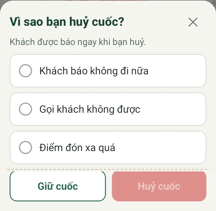 Bảng "Vì sao bạn huỷ cuốc?" với danh sách lý do và hai nút "Giữ cuốc", "Huỷ cuốc"
