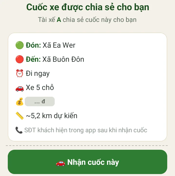 Máy của bạn tài xế: màn "Cuốc xe được chia sẻ cho bạn" với nút "🚗 Nhận cuốc này"