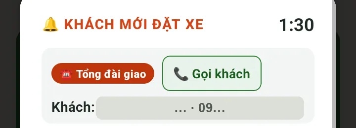 Popup cuốc tổng đài: nhãn "☎️ Tổng đài giao" và nút "📞 Gọi khách"