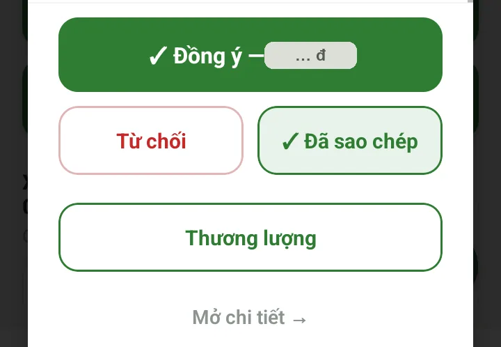 Chân popup sau khi bấm chia sẻ: nút đổi thành "✓ Đã sao chép"