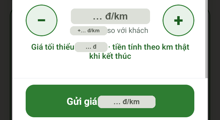 Popup cuốc đi theo km: nút − / + đổi đơn giá mỗi km