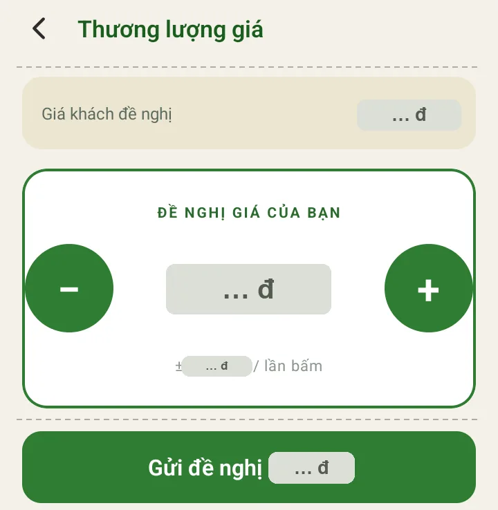 Màn "Thương lượng giá" với nút "Gửi đề nghị …"