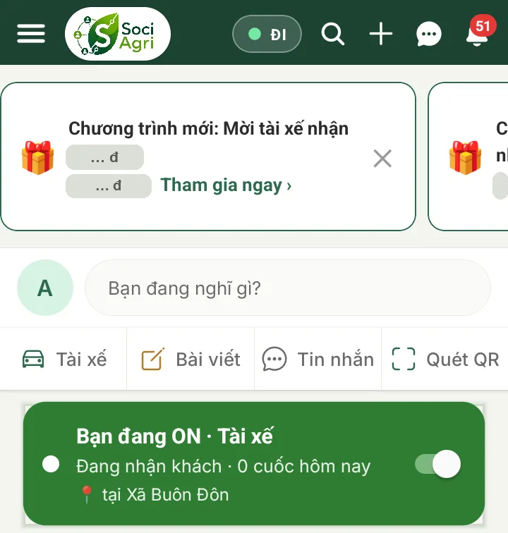 Trang chủ tài xế: nút ĐI trên thanh đầu và thẻ "Bạn đang ON · Tài xế"